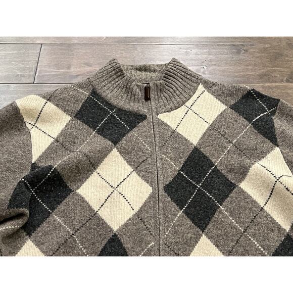 J.Crew Mens Brown Full Zip Diamond Argyle Long Sleeve Lambswool Sweater Size XL - Picture 5 of 10